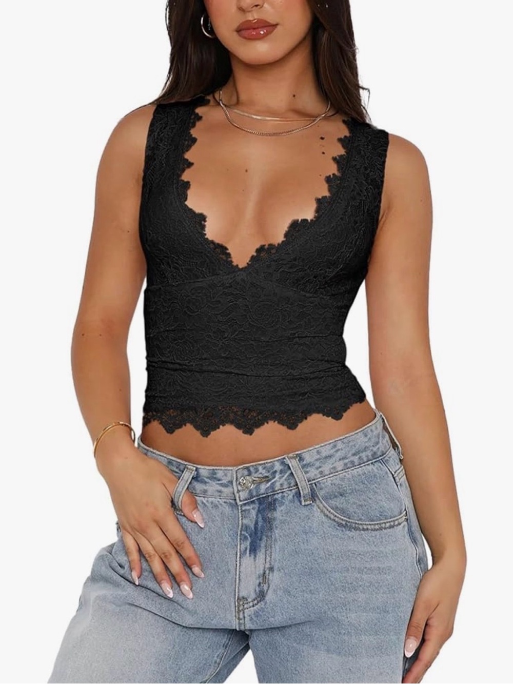 Black Lace V-Neck Crop Top - Women's Elegant Tank